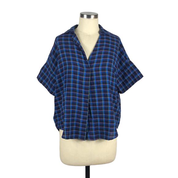 MADEWELL Blue Double Faced Park Popover Split Neck Top Cotton Blouse Size Small - Picture 1 of 6